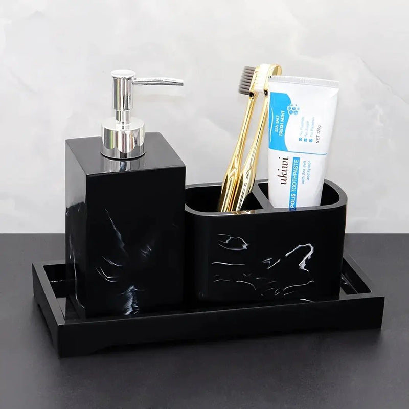 Marble Look Bathroom Accessory Set, 3pcs Includes Soap Dispenser, Toothbrush Holder, and Tray for Home, Restroom, Apartment Decor - Other Material by House Of Avana