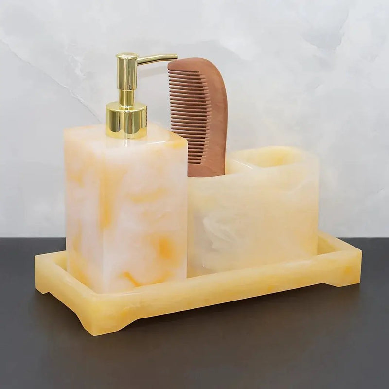 Marble Look Bathroom Accessory Set, 3pcs Includes Soap Dispenser, Toothbrush Holder, and Tray for Home, Restroom, Apartment Decor - Other Material by House Of Avana