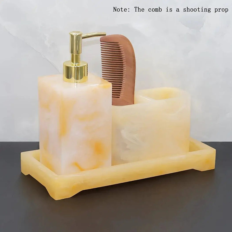 Marble Look Bathroom Accessory Set, 3pcs Includes Soap Dispenser, Toothbrush Holder, and Tray for Home, Restroom, Apartment Decor - Other Material by House Of Avana