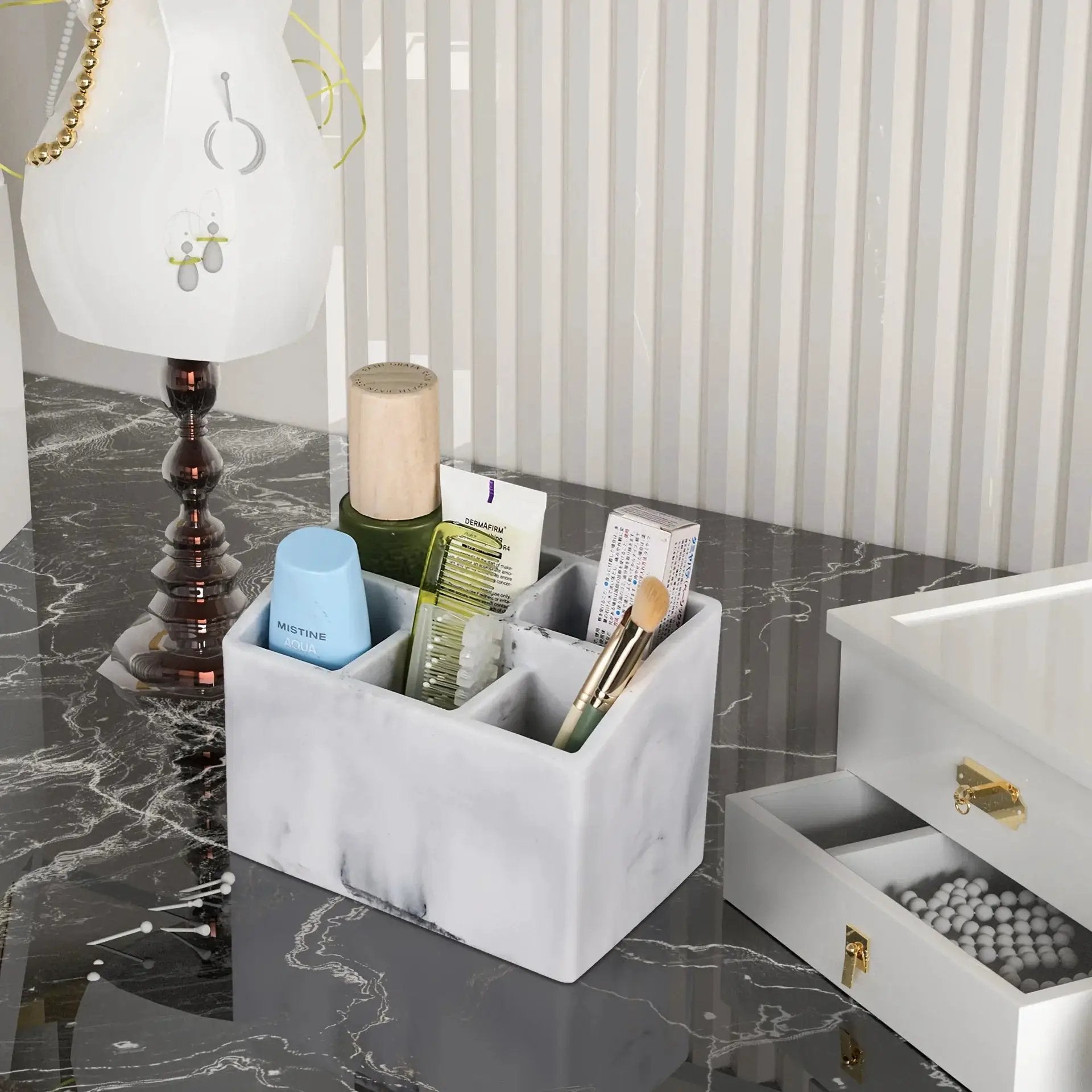 Marble White Resin Toothbrush & Toothpaste Holder - Multi-Functional Bathroom Organizer for Electric Toothbrushes, Stationery Storage Box - Perfect Christmas or Halloween Gift by House Of Avana