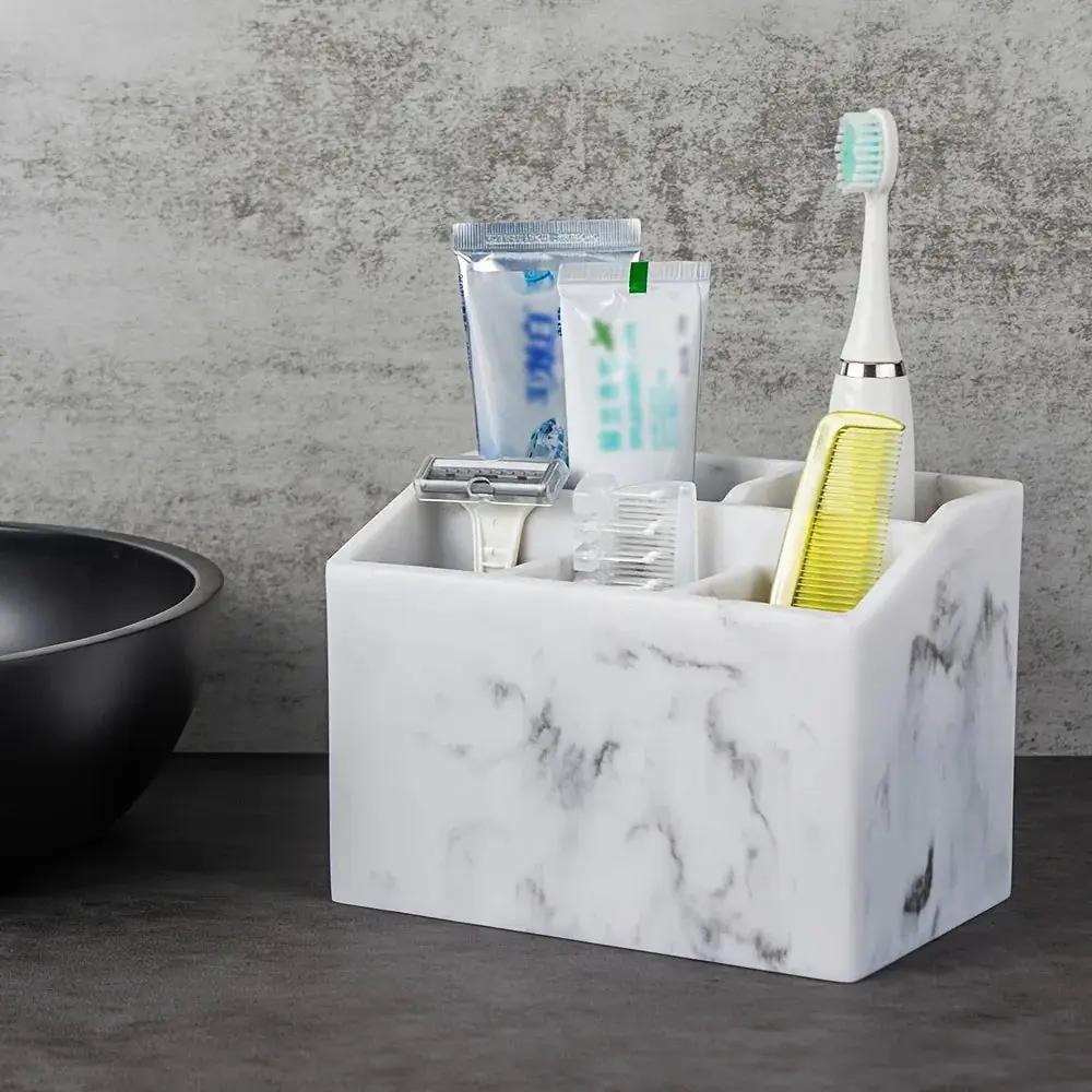 Marble White Resin Toothbrush & Toothpaste Holder - Multi-Functional Bathroom Organizer for Electric Toothbrushes, Stationery Storage Box - Perfect Christmas or Halloween Gift by House Of Avana