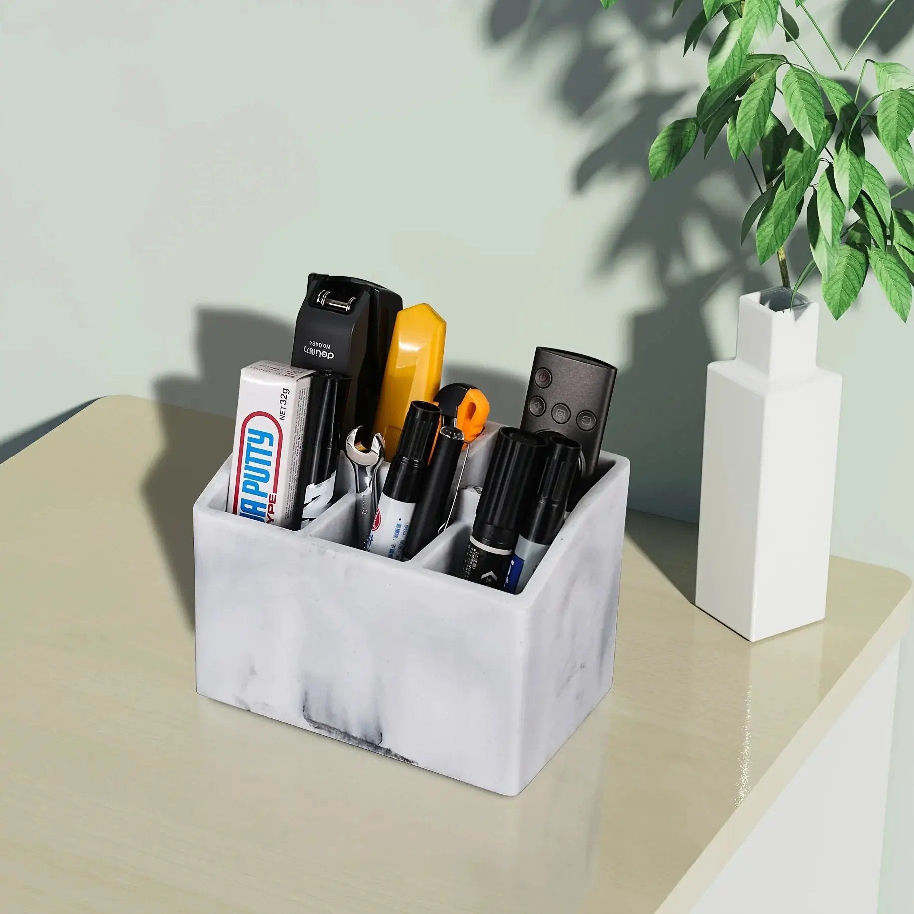 Marble White Resin Toothbrush & Toothpaste Holder - Multi-Functional Bathroom Organizer for Electric Toothbrushes, Stationery Storage Box - Perfect Christmas or Halloween Gift by House Of Avana