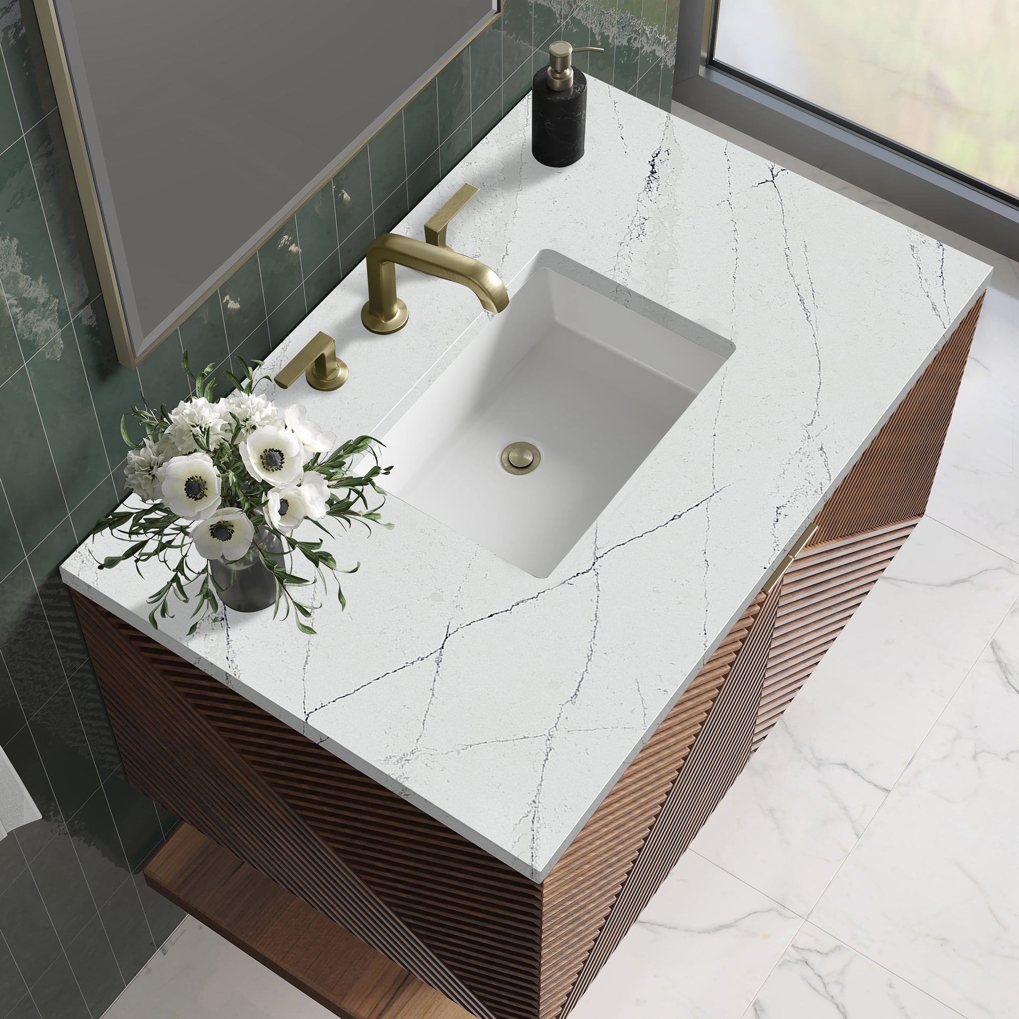 James Martin Marcello 36" Floating Single Bathroom Vanity, Chestnut with Ethereal Noctis countertop