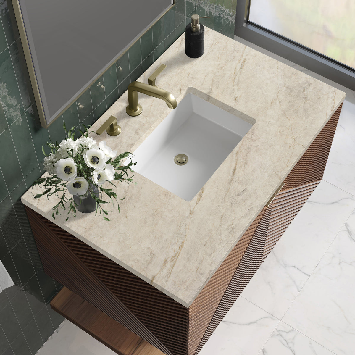 James Martin Marcello 36" Floating Single Bathroom Vanity, Chestnut with Tajnar countertop