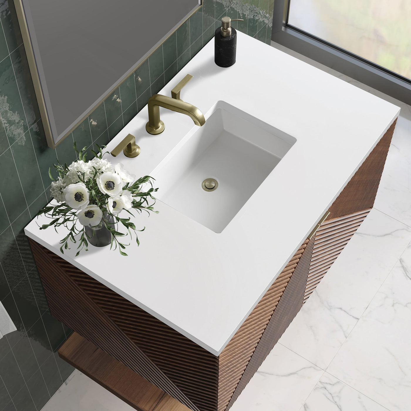 James Martin Marcello 36" Floating Single Bathroom Vanity, Chestnut with White Zeus countertop