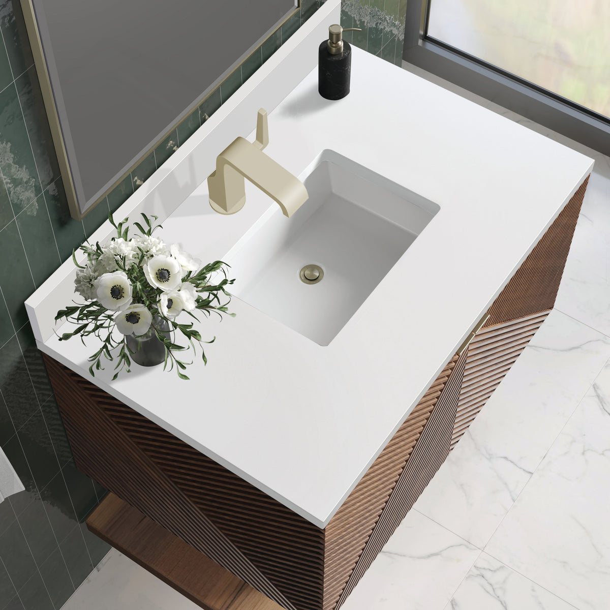 James Martin Marcello 36" Floating Single Bathroom Vanity, Chestnut with White Zeus (Single Hole, with Backsplash) countertop