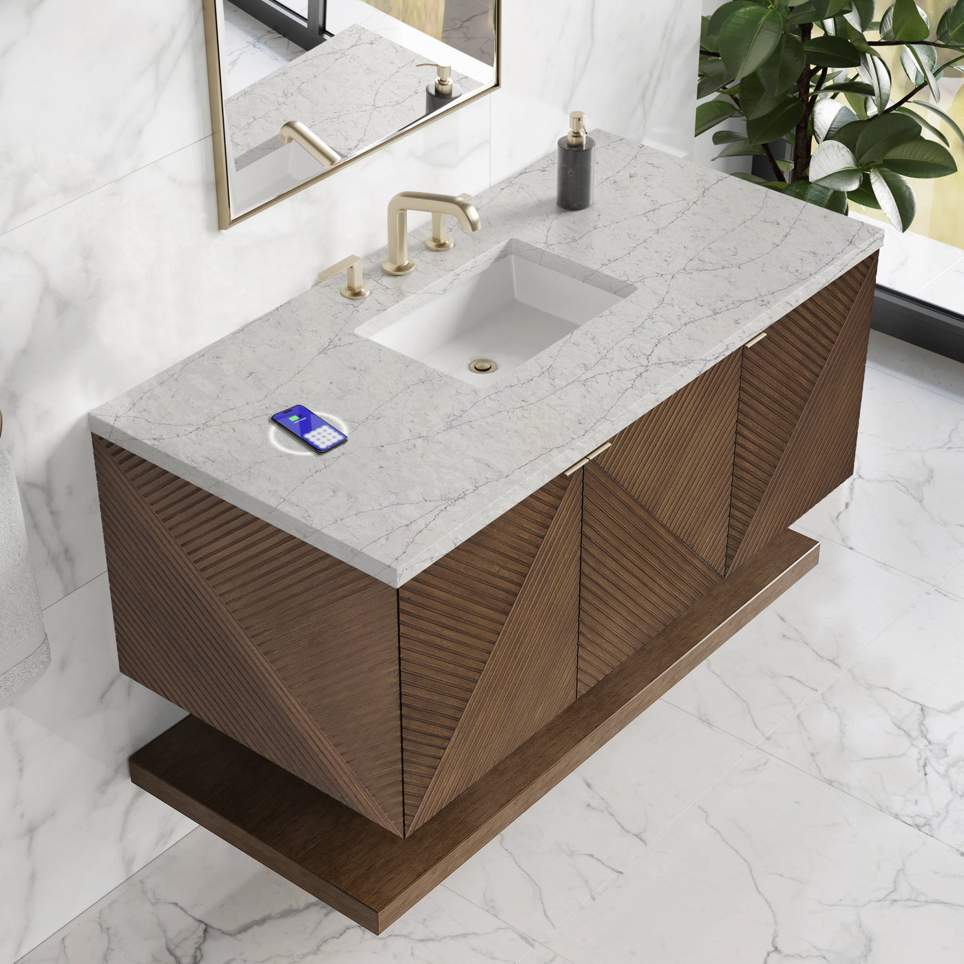 James Martin Marcello 48" Floating Single Bathroom Vanity, Chestnut with Eternal Jasmine Pearl (FreePower) countertop