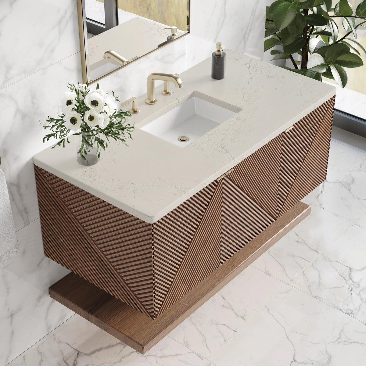 James Martin Marcello 48" Floating Single Bathroom Vanity, Chestnut with Siberian countertop