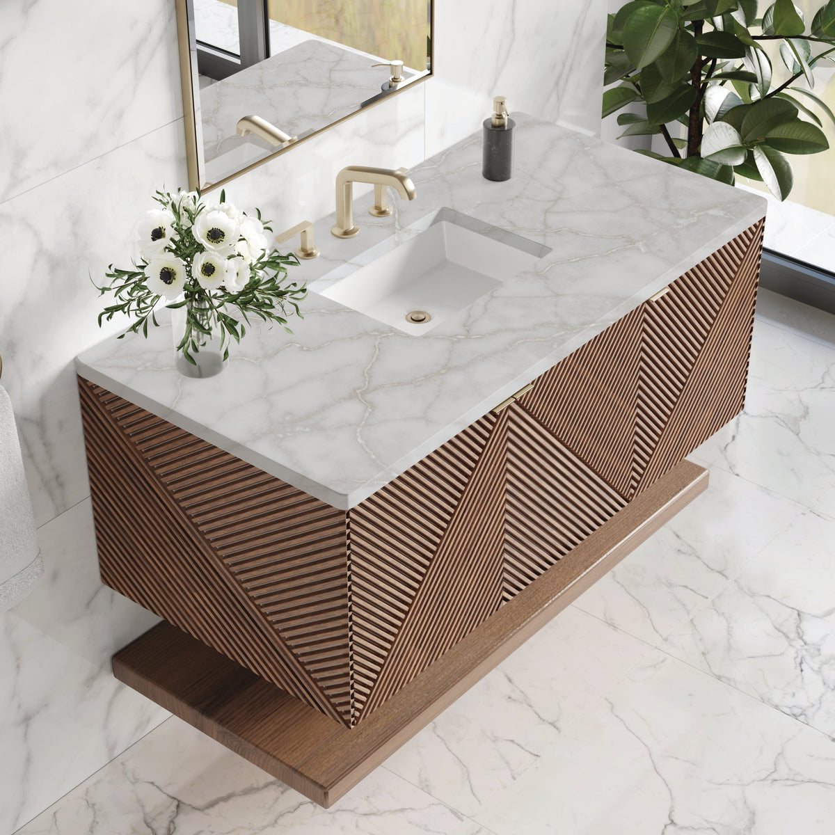 James Martin Marcello 48" Floating Single Bathroom Vanity, Chestnut with Victorian Silver countertop