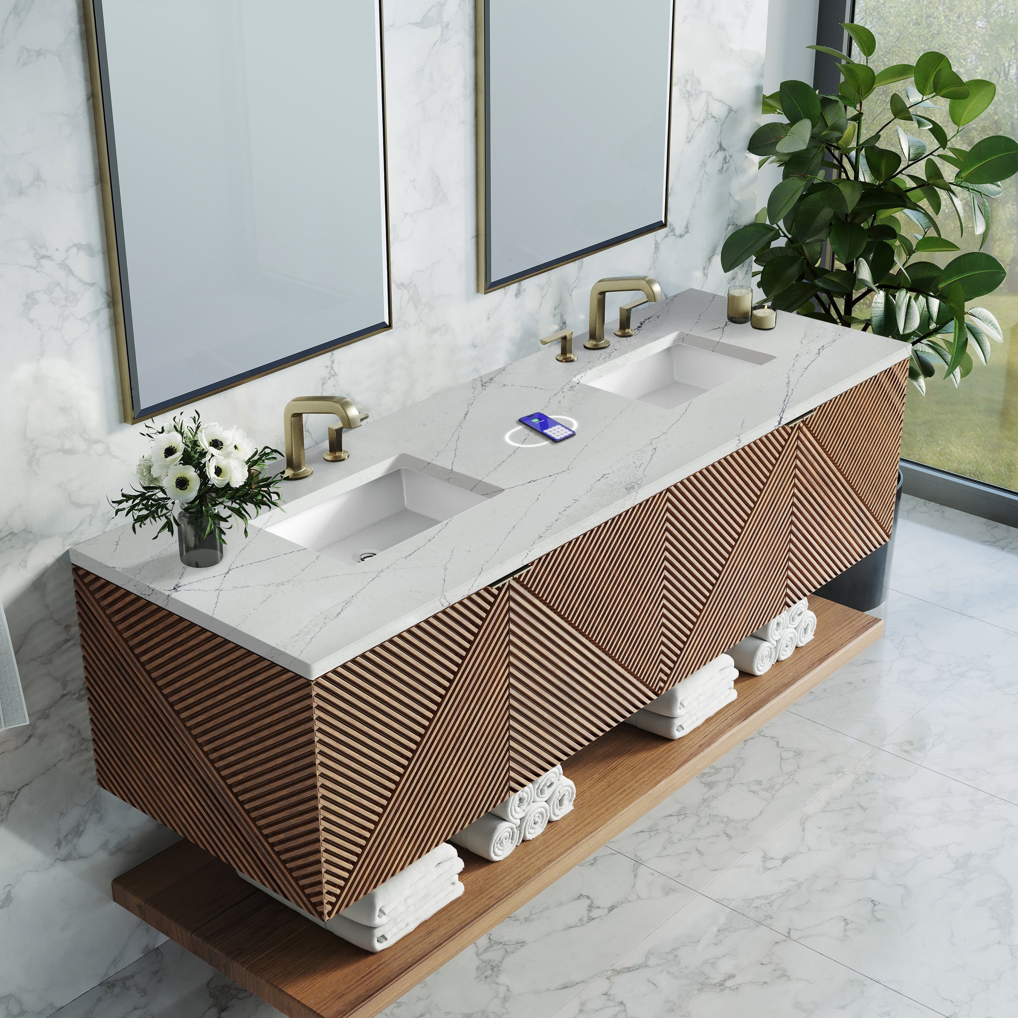 James Martin Marcello 72" Floating Double Bathroom Vanity, Chestnut with Ethereal Noctis (FreePower) countertop