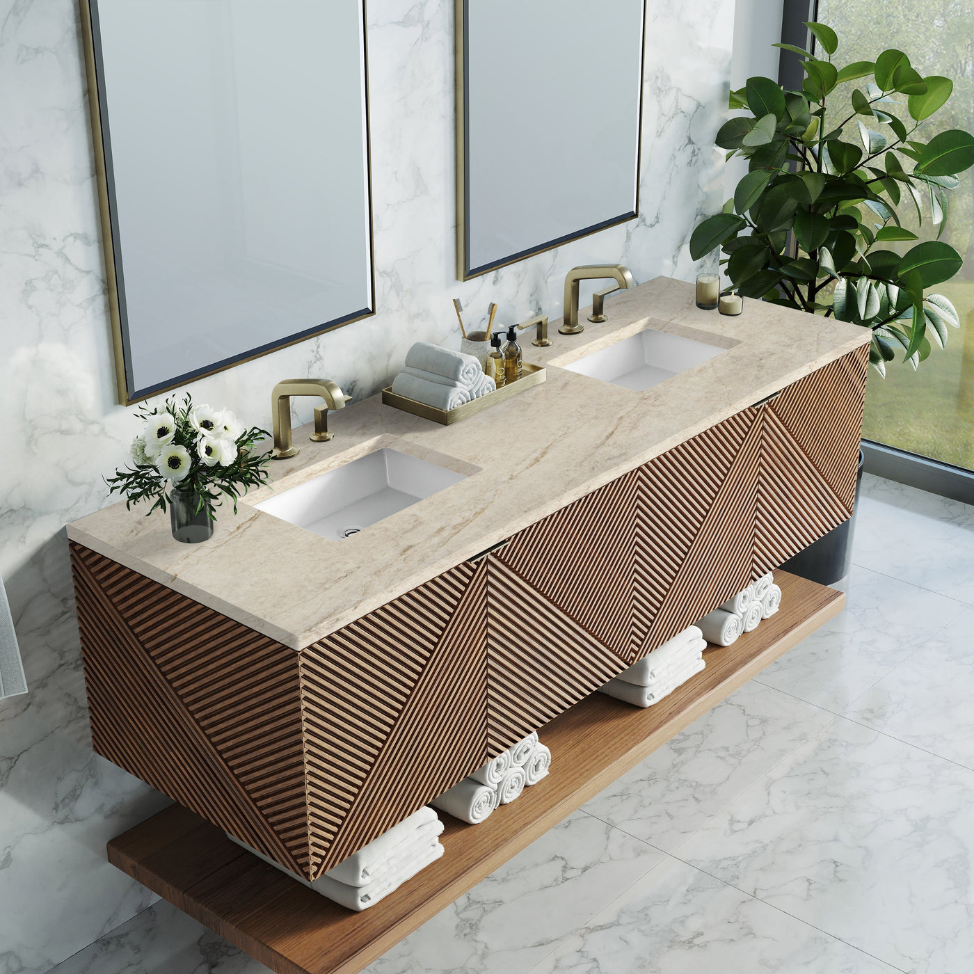 James Martin Marcello 72" Floating Double Bathroom Vanity, Chestnut with Tajnar countertop