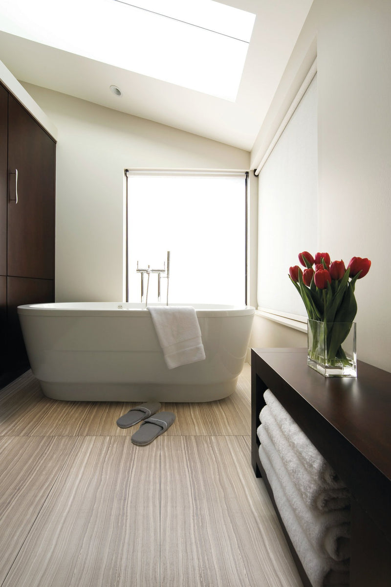 Matrix Taupe Blend Honed Fabric Look Porcelain Tiles 12x24 installed in a bathroom, view 2