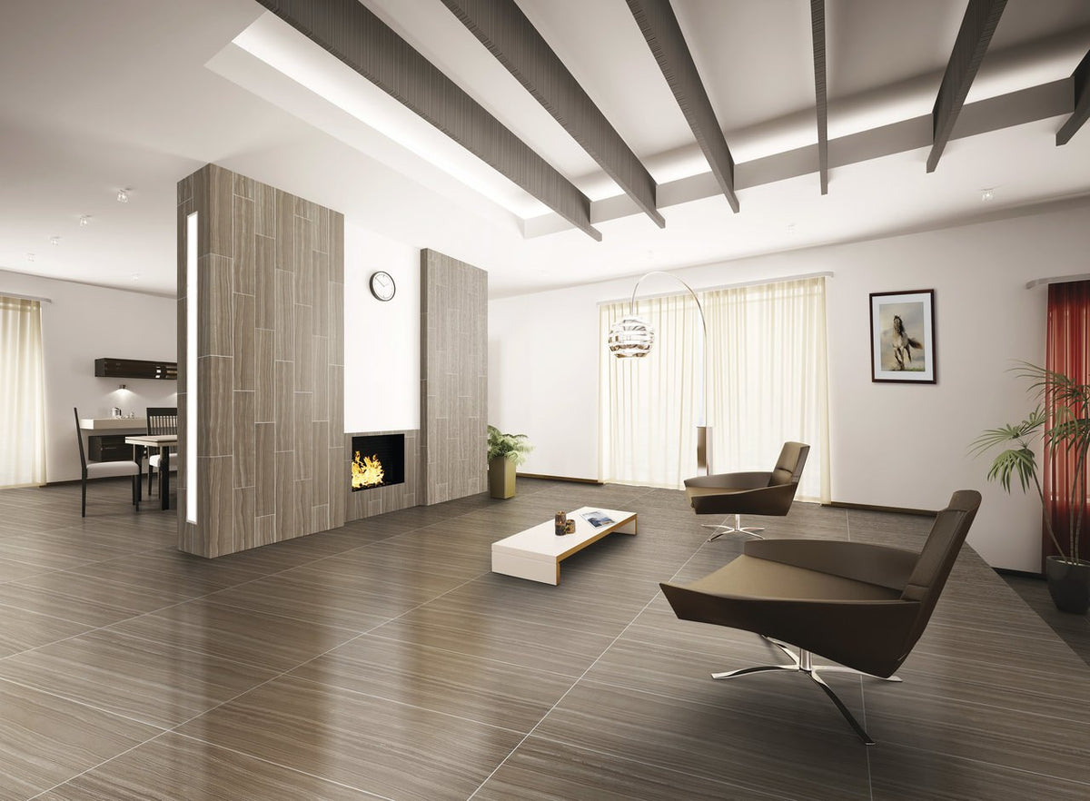 Matrix Taupe Blend Honed Fabric Look Porcelain Tiles 12x24 installed in a living room