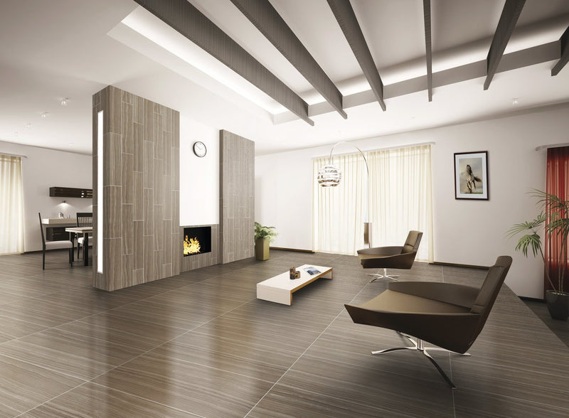 Matrix Taupe Blend Honed Fabric Look Porcelain Tiles 12x24 installed in a living room