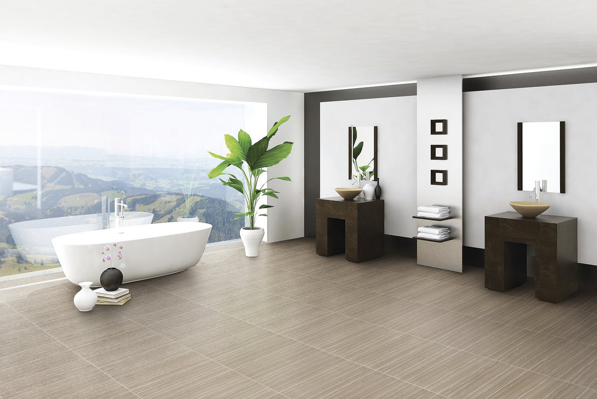 Matrix Taupe Blend Honed Fabric Look Porcelain Tiles 12x24 installed in a bathroom