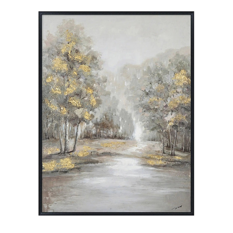 Hand Painted Acrylic Wall Art Landscape Golden Trees on a 35 x 47 Rectangular Canvas with a Black Wooden Frame by Sharicks