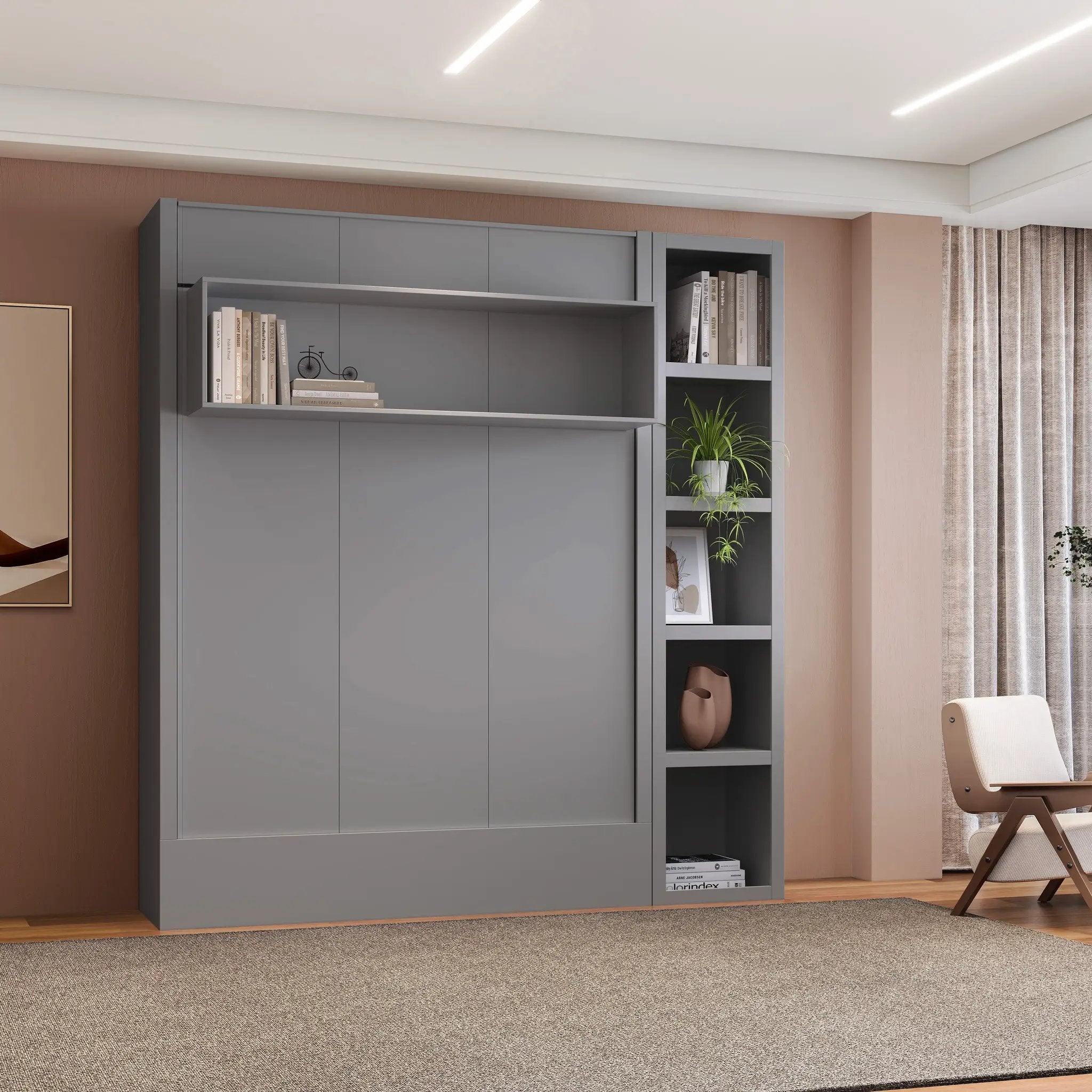 Easy-Lift Full Murphy Wall Bed in Grey with Bookshelf by Sharicks