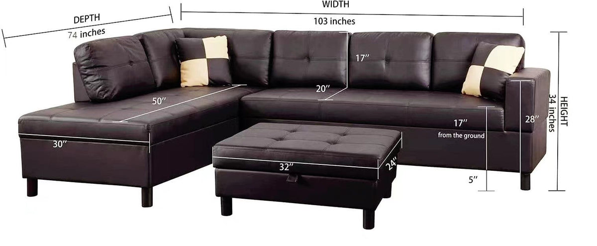 Brown Faux Leather Sectional Sofa Set with Left-Facing Chaise - Brown, photo 7 of 8