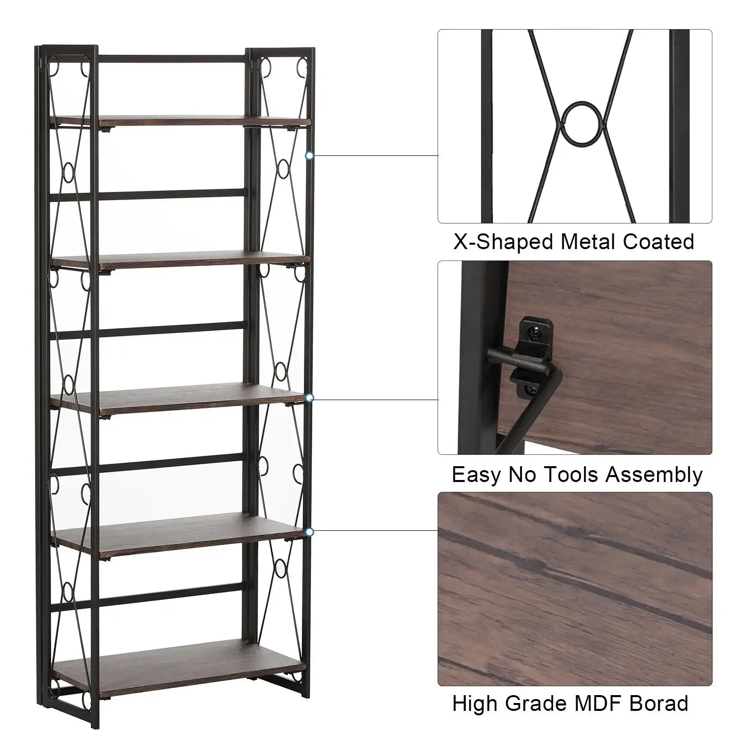 Metal 5 Shelf Folding Bookshelf Industrial Frame by House Of Avana