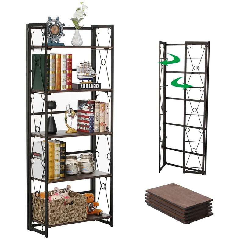 Metal 5 Shelf Folding Bookshelf Industrial Frame by House Of Avana