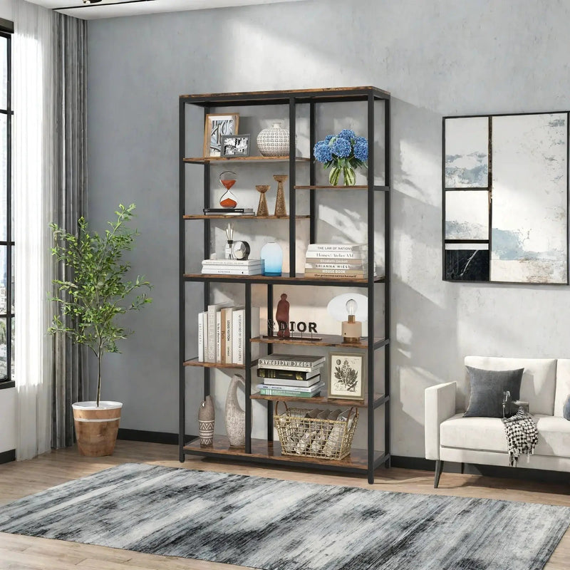 Metal 9-Tier Bookshelf - 79" Tall with Wood Shelves, Natural Wood and Black by House Of Avana