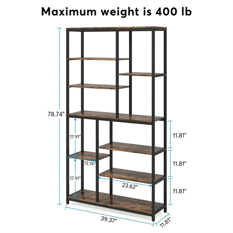 Metal 9-Tier Bookshelf - 79" Tall with Wood Shelves, Natural Wood and Black by House Of Avana