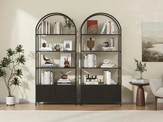 Metal Arched Bookshelf with Doors - 71" Freestanding Display Shelving Unit by House Of Avana