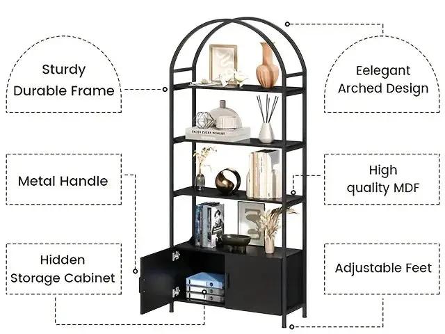 Metal Arched Bookshelf with Doors - 71" Freestanding Display Shelving Unit by House Of Avana