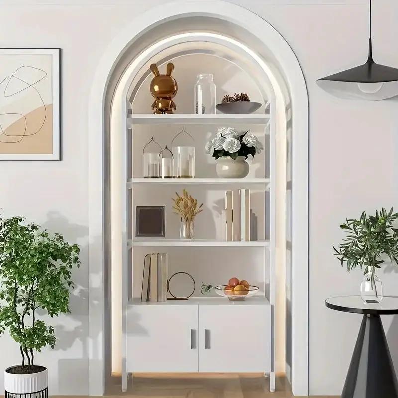 Metal Arched Bookshelf with Doors - 71" Freestanding Display Shelving Unit by House Of Avana