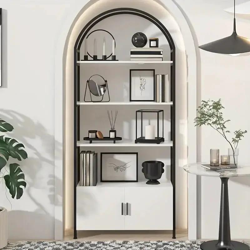 Metal Arched Bookshelf with Doors - 71" Freestanding Display Shelving Unit by House Of Avana