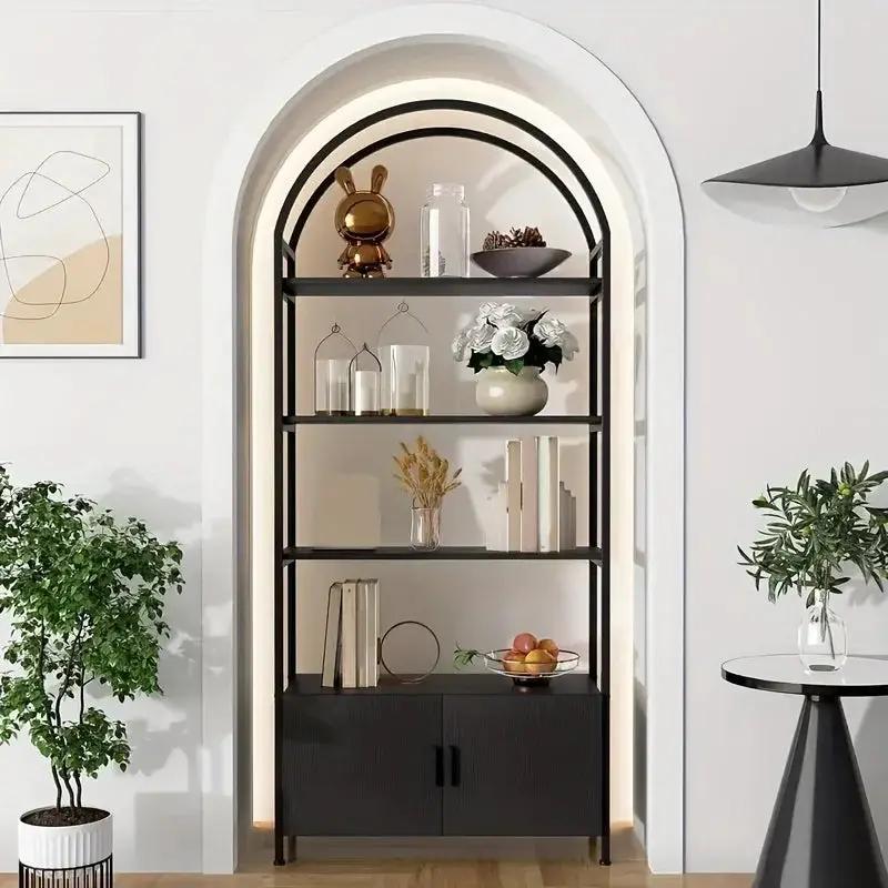 Metal Arched Bookshelf with Doors - 71" Freestanding Display Shelving Unit by House Of Avana
