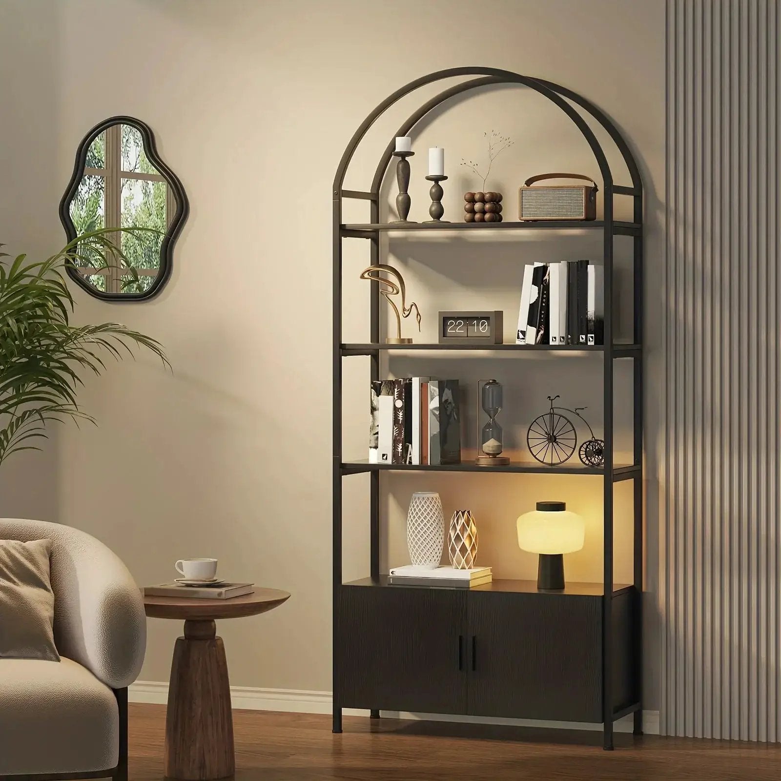 Metal Arched Bookshelf with Doors - 71" Freestanding Display Shelving Unit by House Of Avana