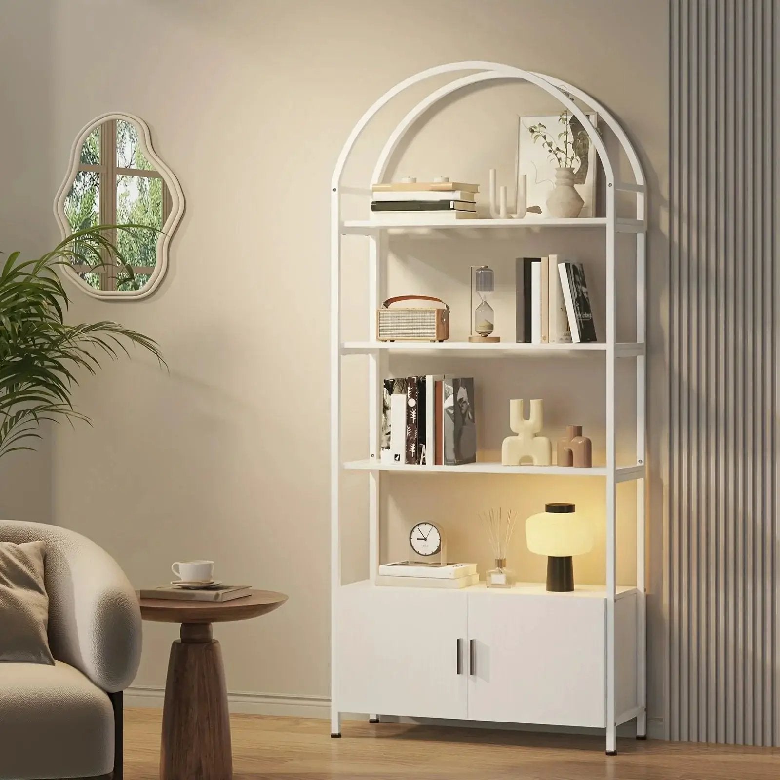 Metal Arched Bookshelf with Doors - 71" Freestanding Display Shelving Unit by House Of Avana
