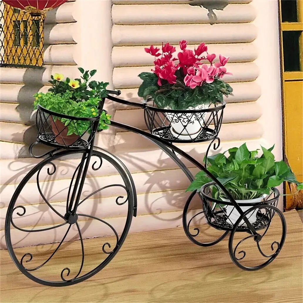 Metal Bicycle Planter 3 Tier Tricycle Flower Plant Stand Parisian Style Flower Display Stand Cart For Home Decor Patio Garden Flower Shop Indoor Outdoor by House Of Avana