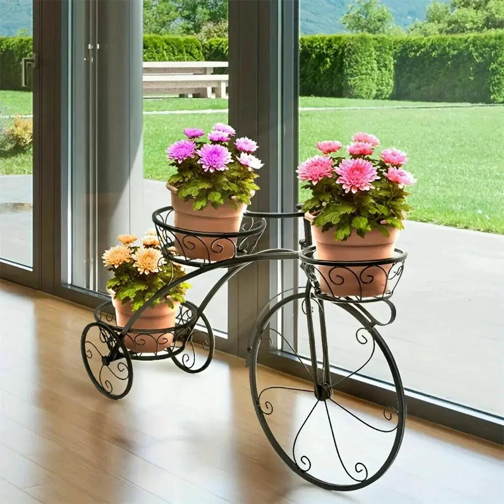 Metal Bicycle Planter 3 Tier Tricycle Flower Plant Stand Parisian Style Flower Display Stand Cart For Home Decor Patio Garden Flower Shop Indoor Outdoor by House Of Avana