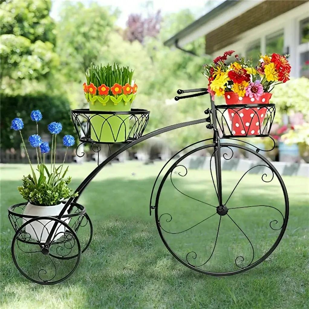 Metal Bicycle Planter 3 Tier Tricycle Flower Plant Stand Parisian Style Flower Display Stand Cart For Home Decor Patio Garden Flower Shop Indoor Outdoor by House Of Avana
