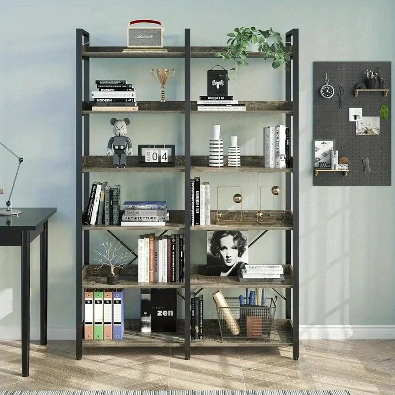 Metal Bookcase - 6-Tier Grey Storage Unit with Hooks, 43.3" Wide by House Of Avana