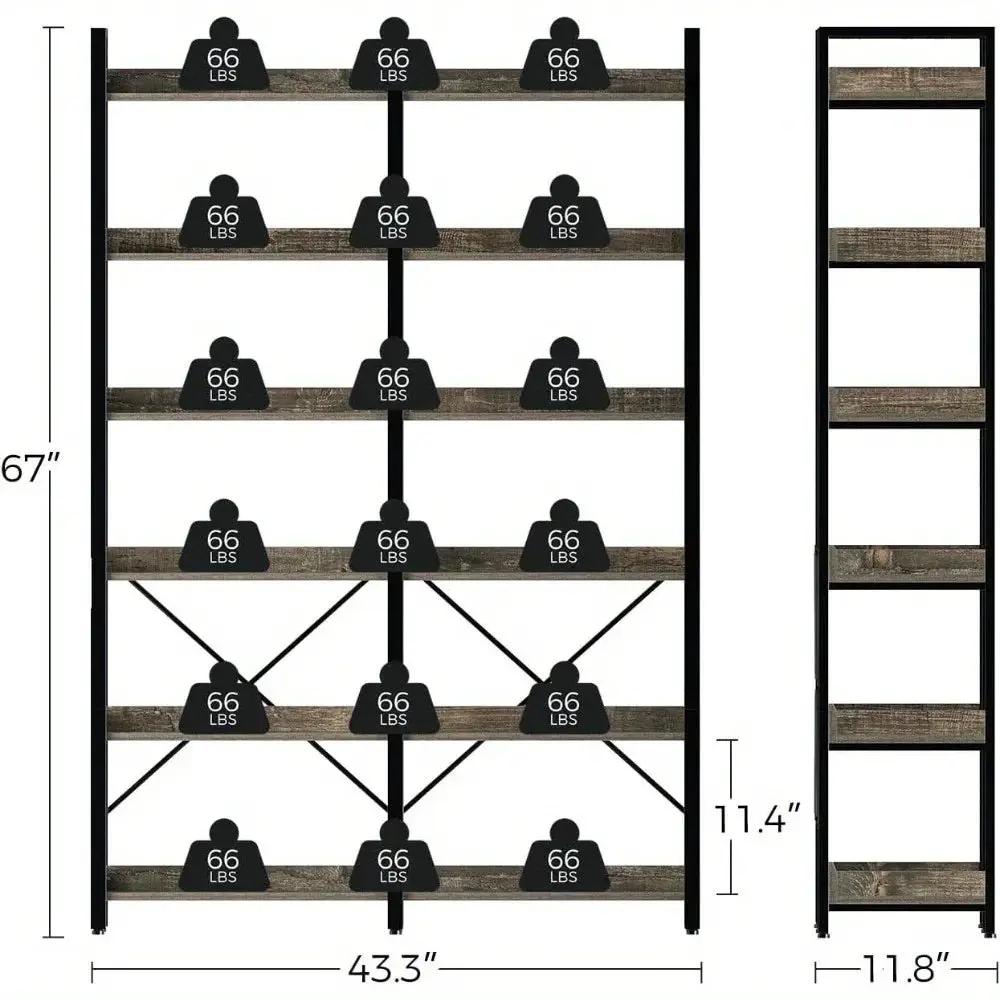 Metal Bookcase - 6-Tier Grey Storage Unit with Hooks, 43.3" Wide by House Of Avana