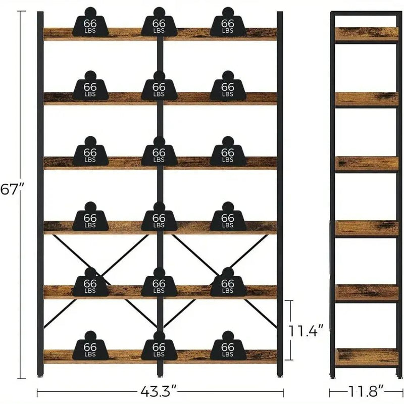 Metal Bookcase - 6-Tier Grey Storage Unit with Hooks, 43.3" Wide by House Of Avana