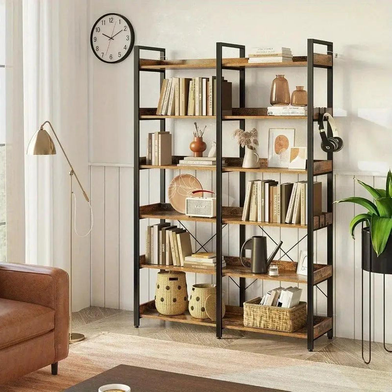Metal Bookcase - 6-Tier Grey Storage Unit with Hooks, 43.3" Wide by House Of Avana
