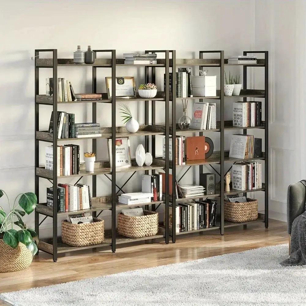 Metal Bookcase - 6-Tier Grey Storage Unit with Hooks, 43.3" Wide by House Of Avana