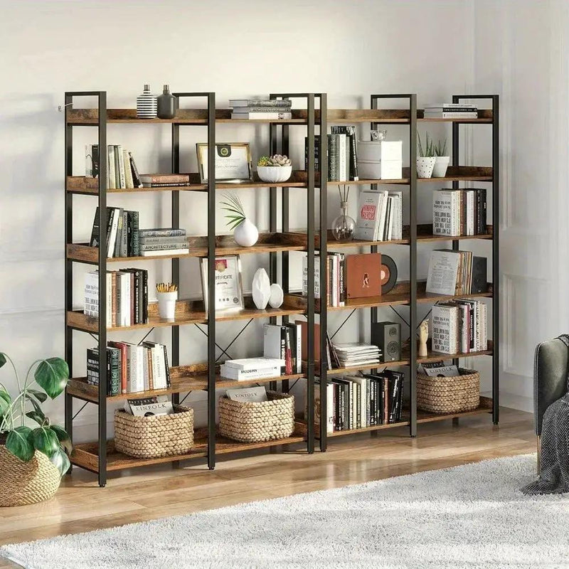 Metal Bookcase - 6-Tier Grey Storage Unit with Hooks, 43.3" Wide by House Of Avana