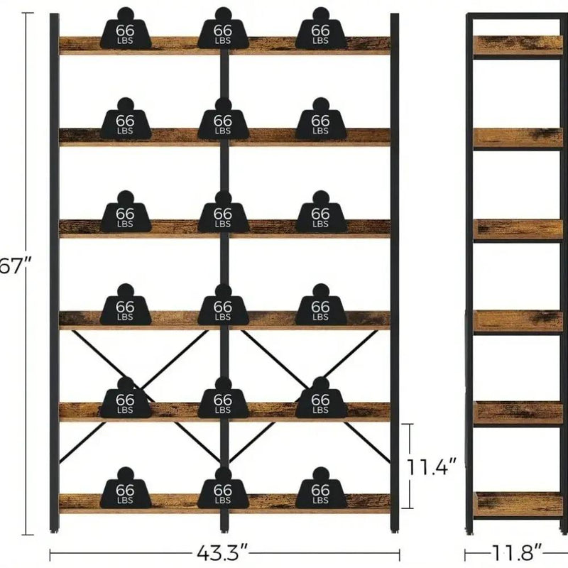 Metal Bookcase - 6-Tier Grey Storage Unit with Hooks, 43.3" Wide by House Of Avana