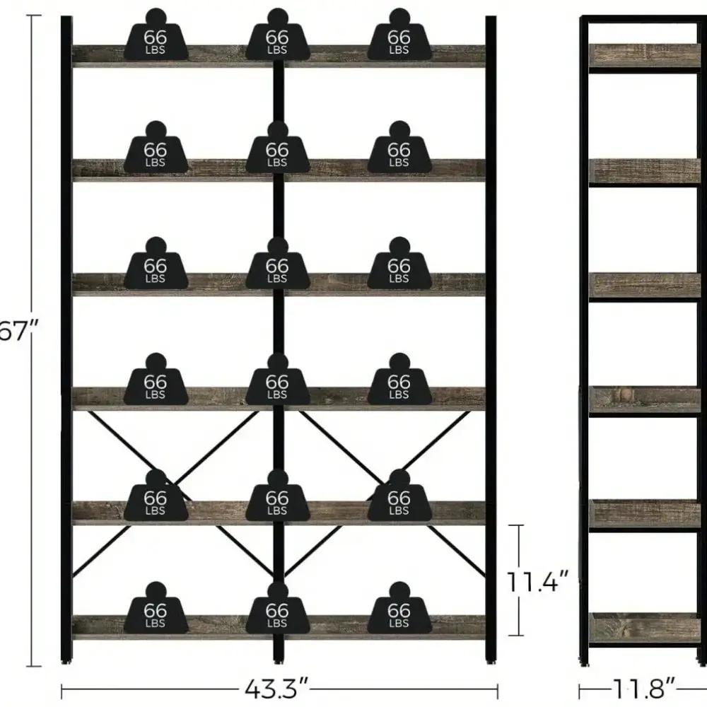 Metal Bookcase - 6-Tier Grey Storage Unit with Hooks, 43.3" Wide by House Of Avana