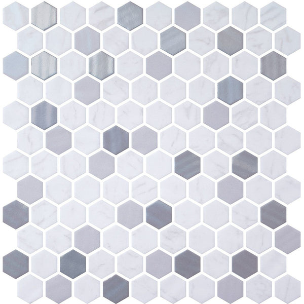 Metal, Carrara Polished Hexagon Glass Mosaics 11 3/4x11 1/2