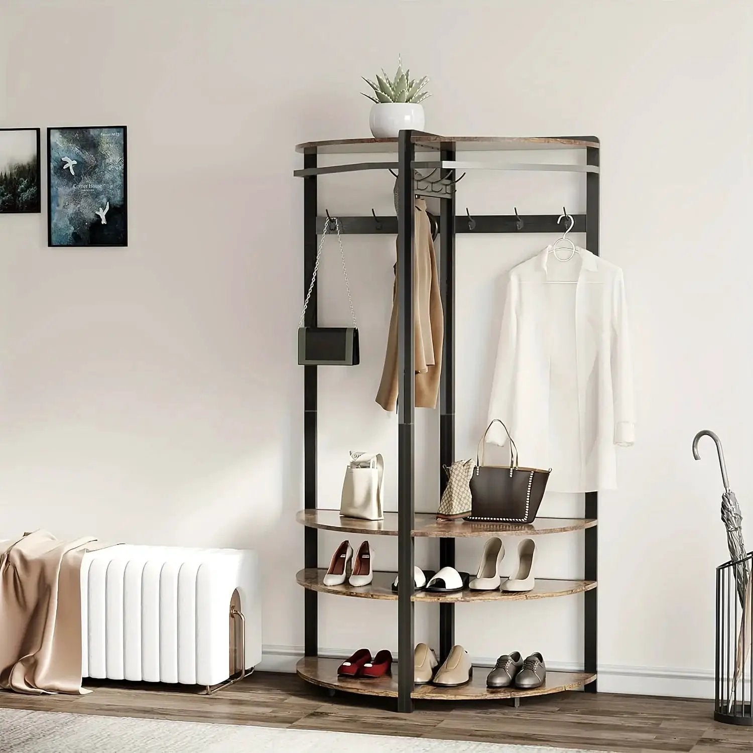 Metal Corner Coat Rack with 6 Double Hooks, Space Saving Storage by House Of Avana
