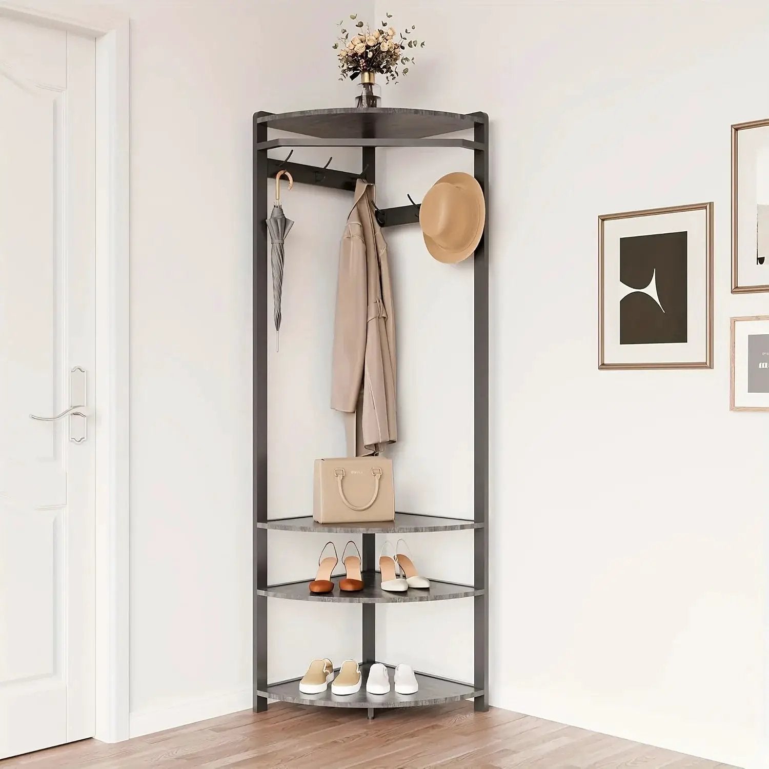 Metal Corner Coat Rack with 6 Double Hooks, Space Saving Storage by House Of Avana