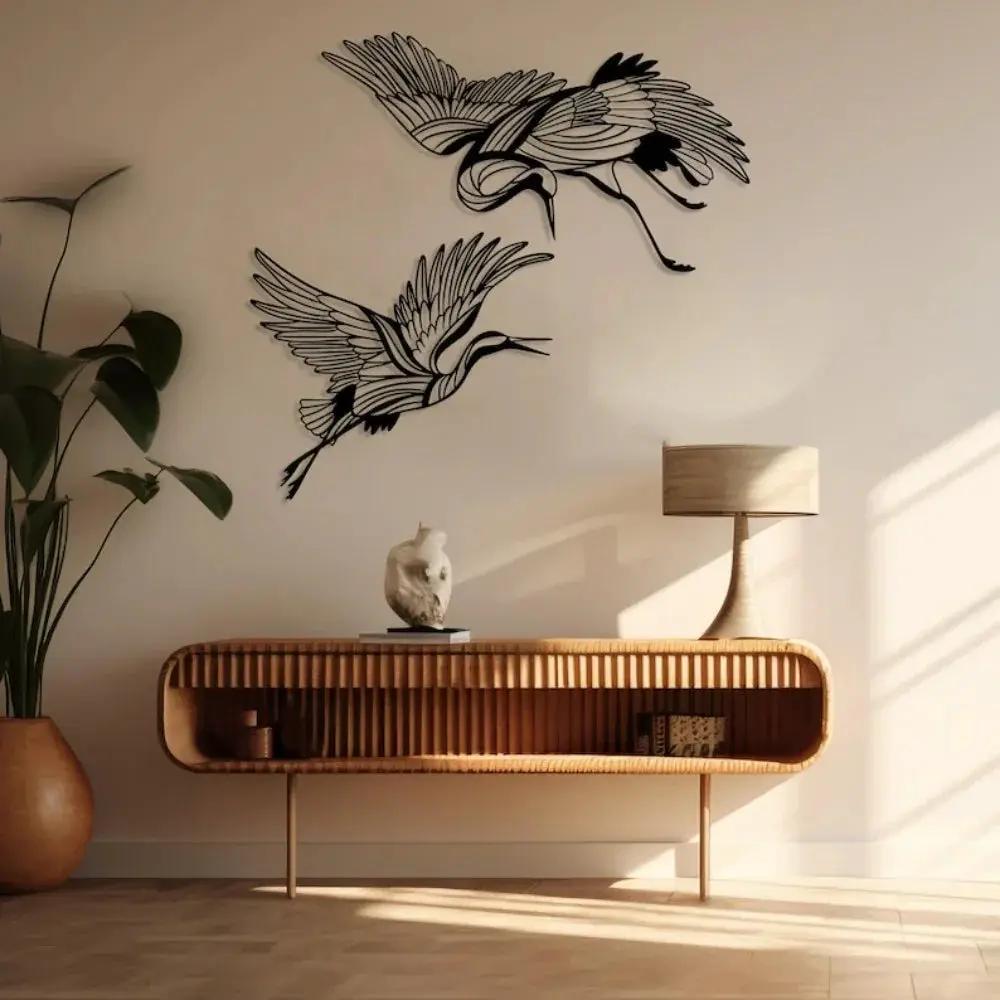 Metal Crane Wall Art Set of 2 with Flying Birds Decor by House Of Avana