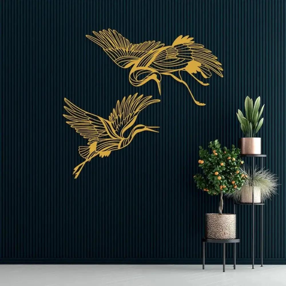 Metal Crane Wall Art Set of 2 with Flying Birds Decor by House Of Avana