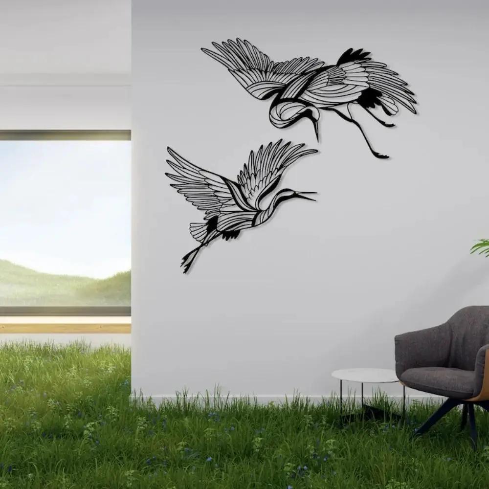Metal Crane Wall Art Set of 2 with Flying Birds Decor by House Of Avana